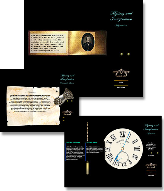 Brigitta Bernart-Skarek Graphikdesignerin Webdesign web design für das diplom an der sae 2005 edutainmentanwendung zum thema leben und werk des amerikanischen dichters edgar allan poe mit dem Titel Mystery and Imagination